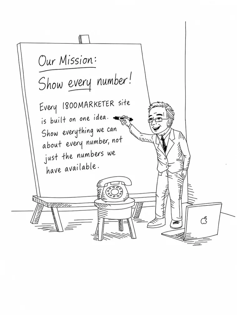 Bill Quimby, the original 1-800 MARKETER, writes the network's mission on a whiteboard: show every vanity number, not just the ones we have for sale